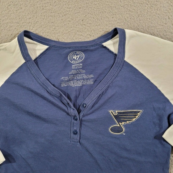 St Louis Blues Shirt Womens Medium Blue White Henley Vneck 3/4 Sleeve‎ Tee - Picture 3 of 10